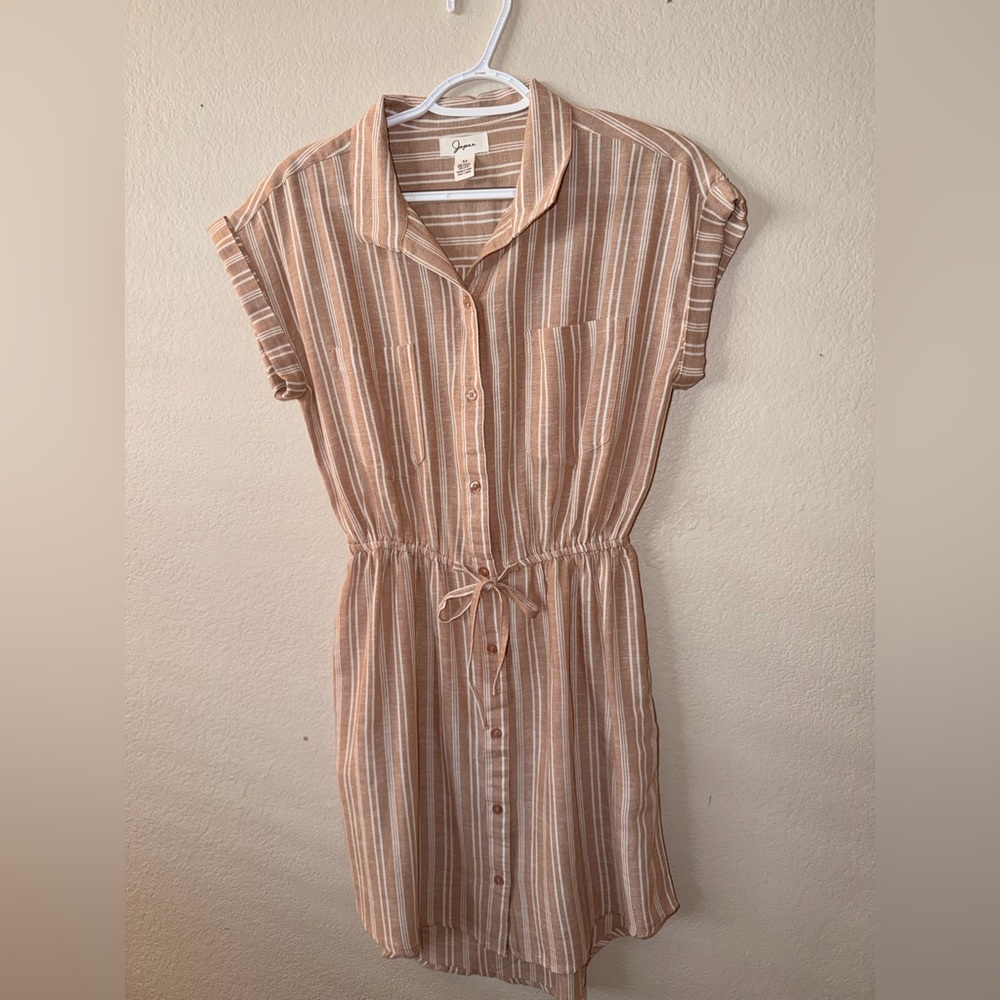Japna Striped Button-Front Midi Dress in Tan and White